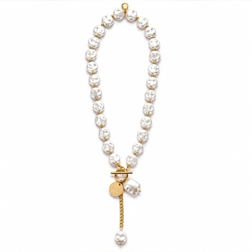 Gold Accent White Baroque Pearl Necklace with Toggle and Charms